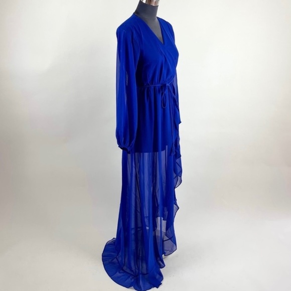 Royal Blue Chiffon Maxi Wrap Asymmetrical Dress - Picture 6 of 11